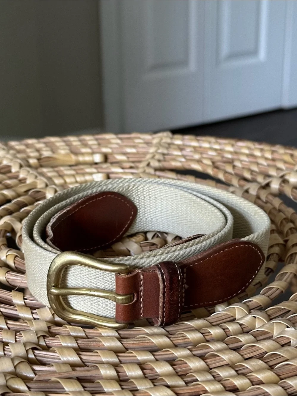 Vintage Coach Cream Canvas Belt with Brown Leather Accents and Brass Buckle